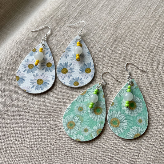 Handmade Sunflower Teardrop Earrings – Lightweight Faux Leather Dangles with Silver Hooks