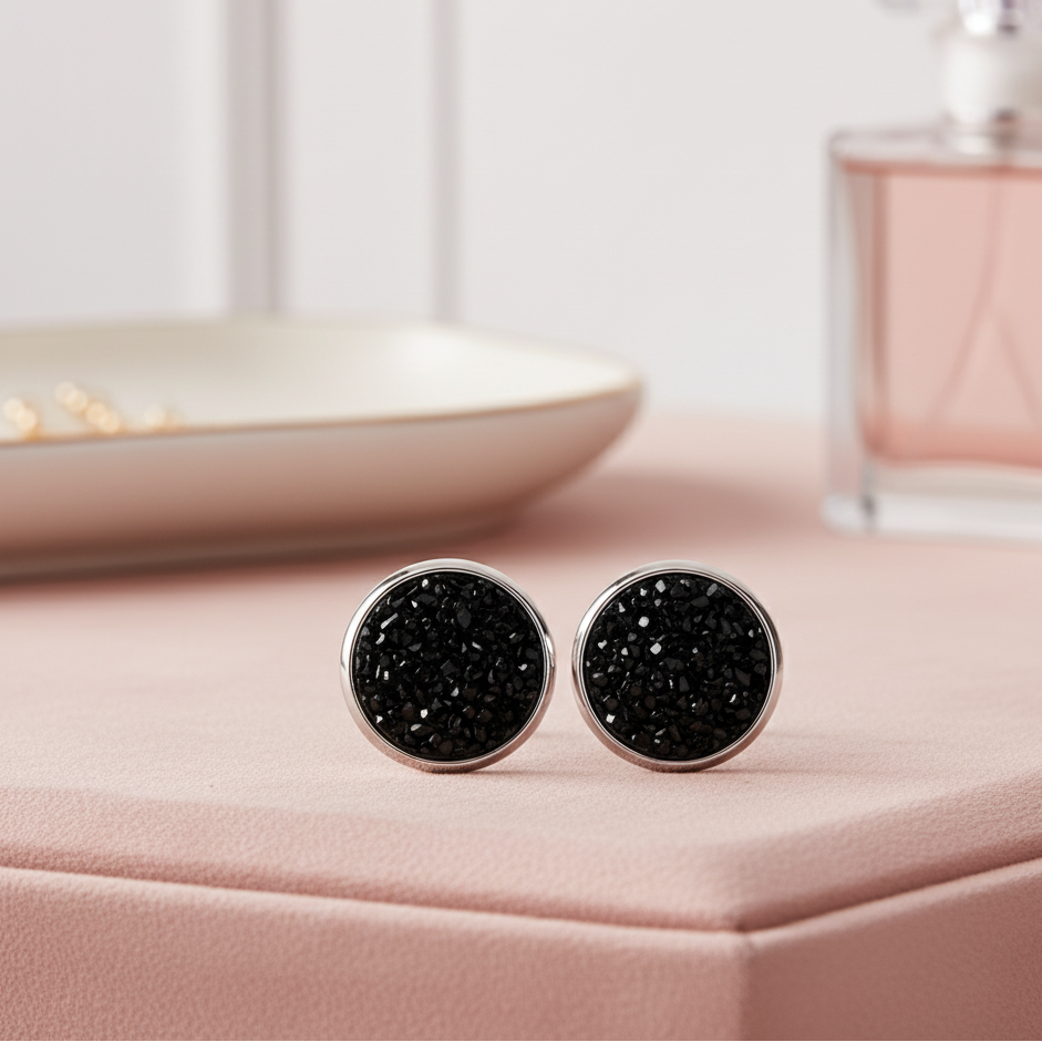 Black Cluster Resin Stud Earrings – 13mm Handmade on Rhodium Plated Base