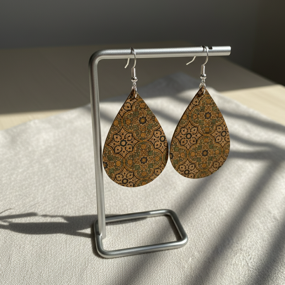 Boho Cork Teardrop Earrings – Vintage Tile Print with 925 Silver Hooks