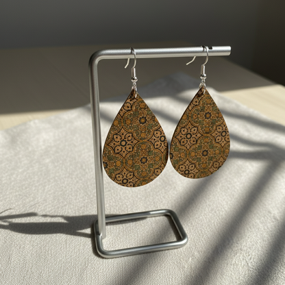 Boho Cork Teardrop Earrings – Vintage Tile Print with 925 Silver Hooks
