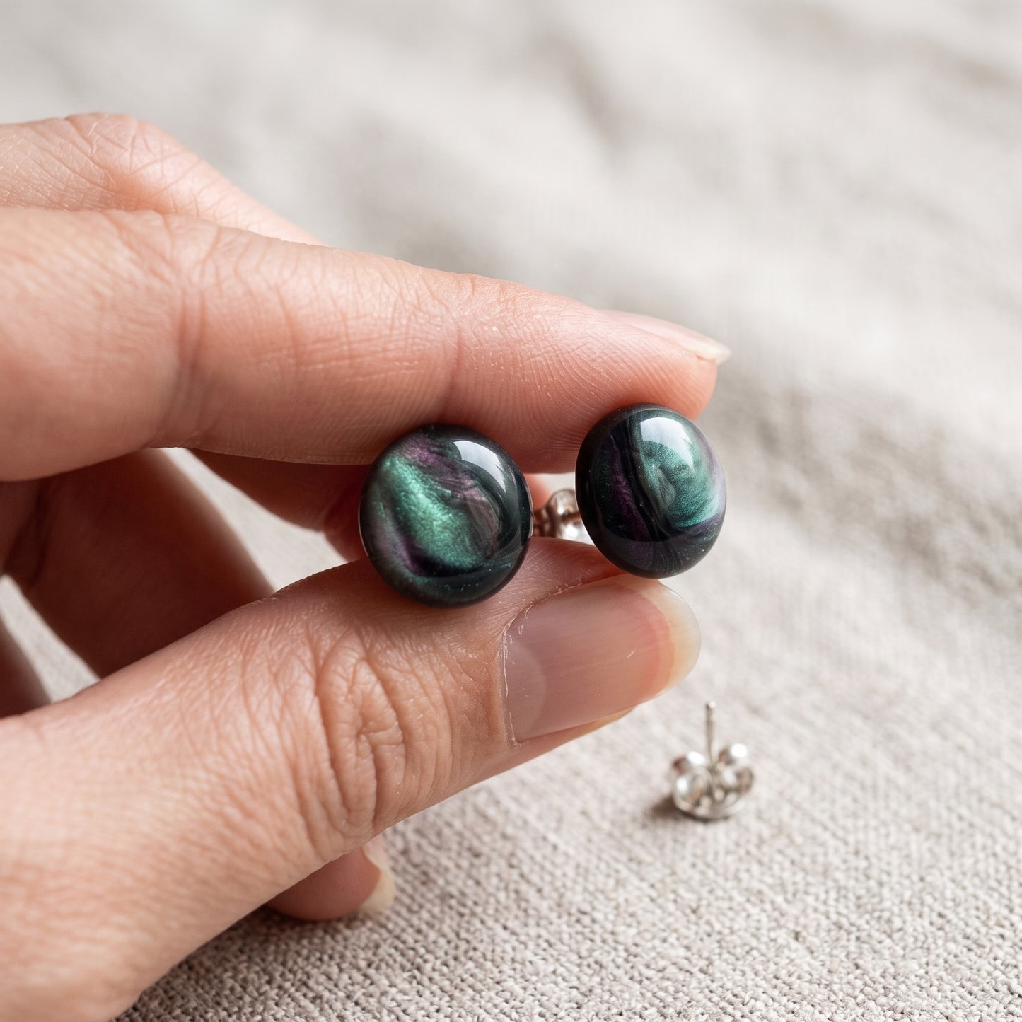 Iridescent Studs, Handmade Alloy Shimmer Earrings