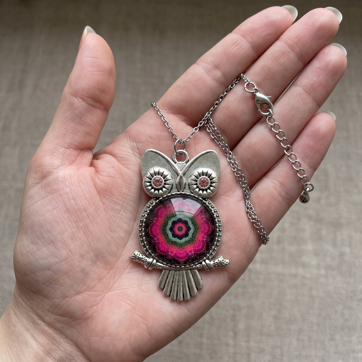 Mystical Owl Pendant Necklace | Antique Silver Glass Dome | 3 Colours