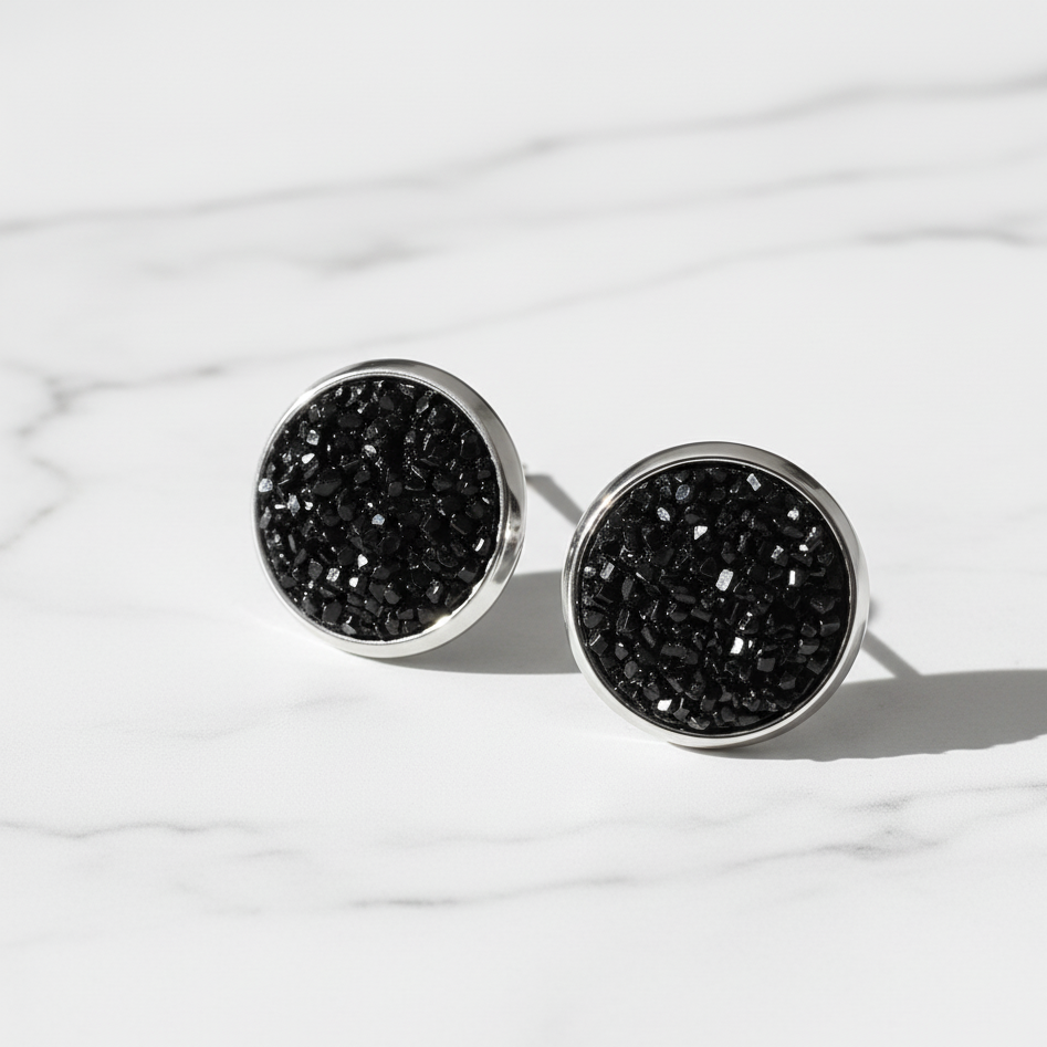 Black Cluster Resin Stud Earrings – 13mm Handmade on Rhodium Plated Base