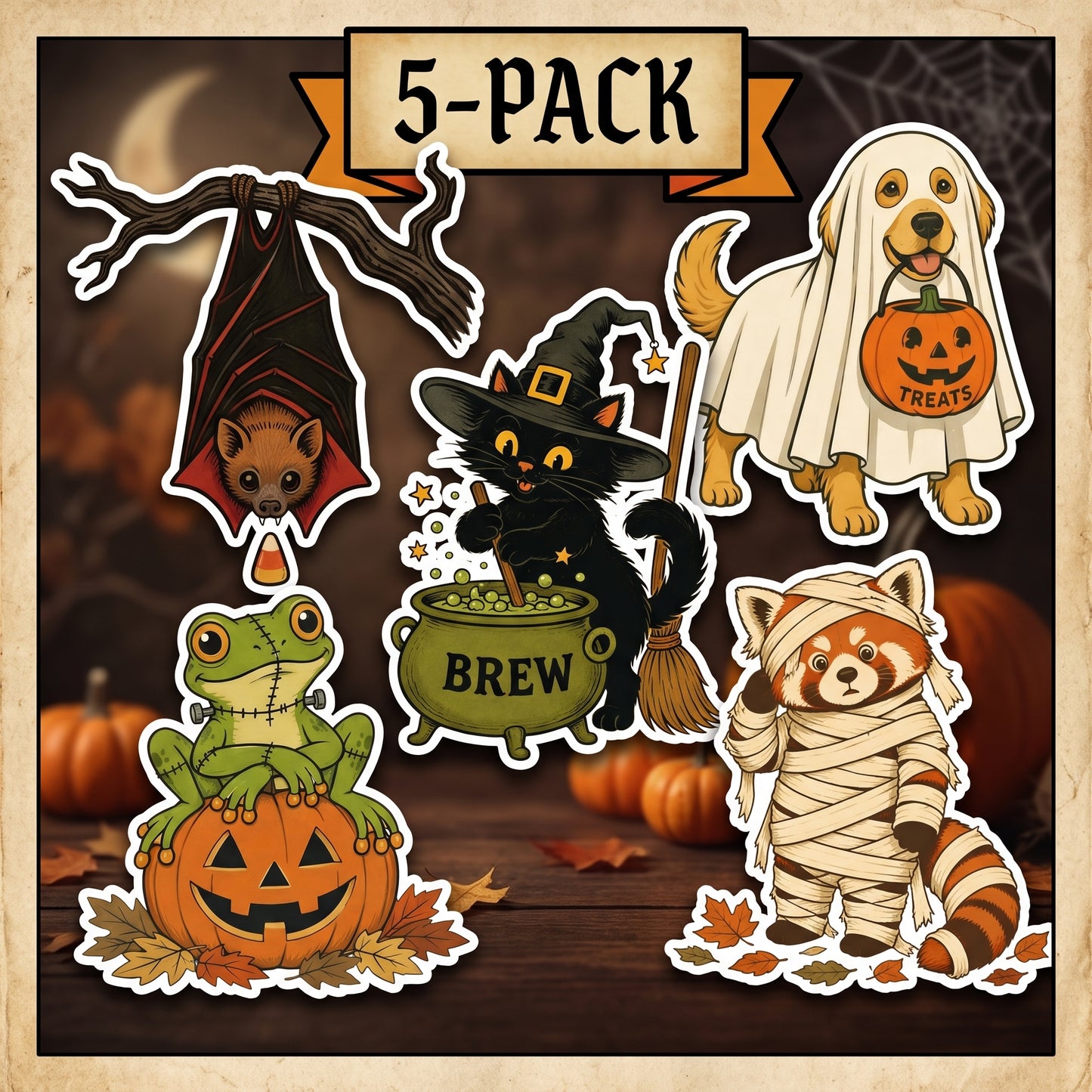 Halloween Sticker Bundle 5-Pack | Vintage Spooky Cute | White Vinyl | Die-Cut Stickers