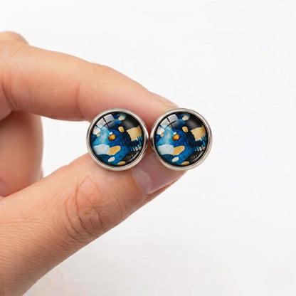 Geometric Print Stud Earrings | Colourful Glass Cabochon Studs | 12mm