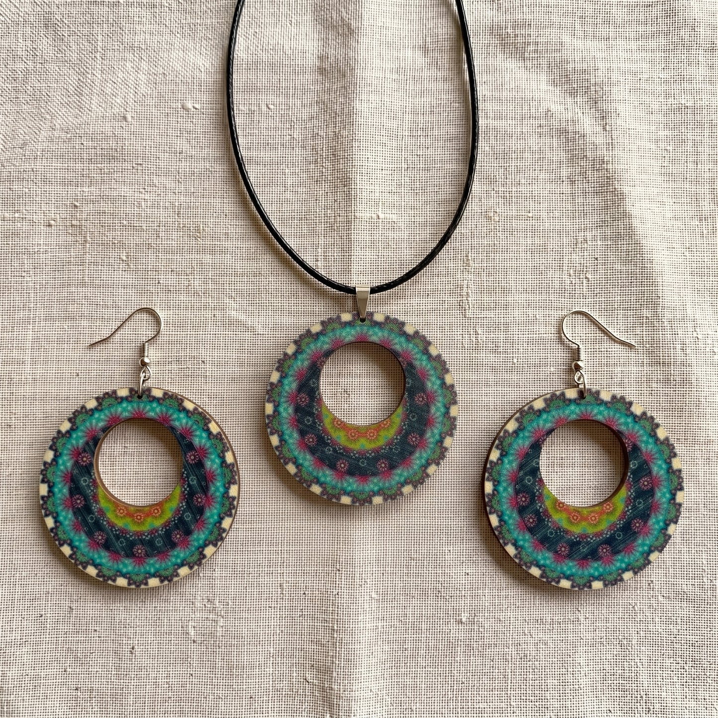 Boho Wooden Necklace & Earrings Set – Style 5, Handmade Matching Printed Wood Jewellery