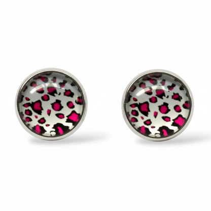 Animal Print Stud Earrings – Rhodium Plated Silver Colour, Everyday Jewellery Pink Leopard