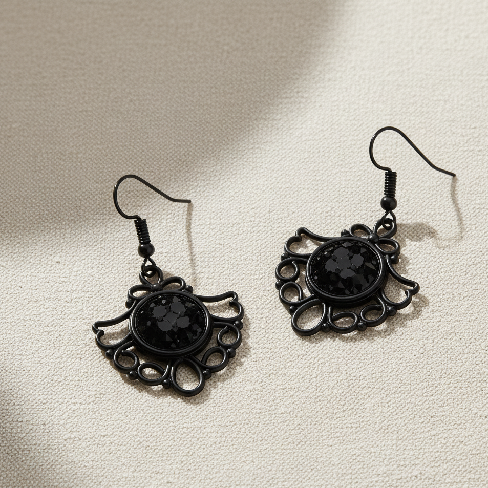 Black Filigree Dangle Earrings – Sparkly Centre, Lightweight Drop