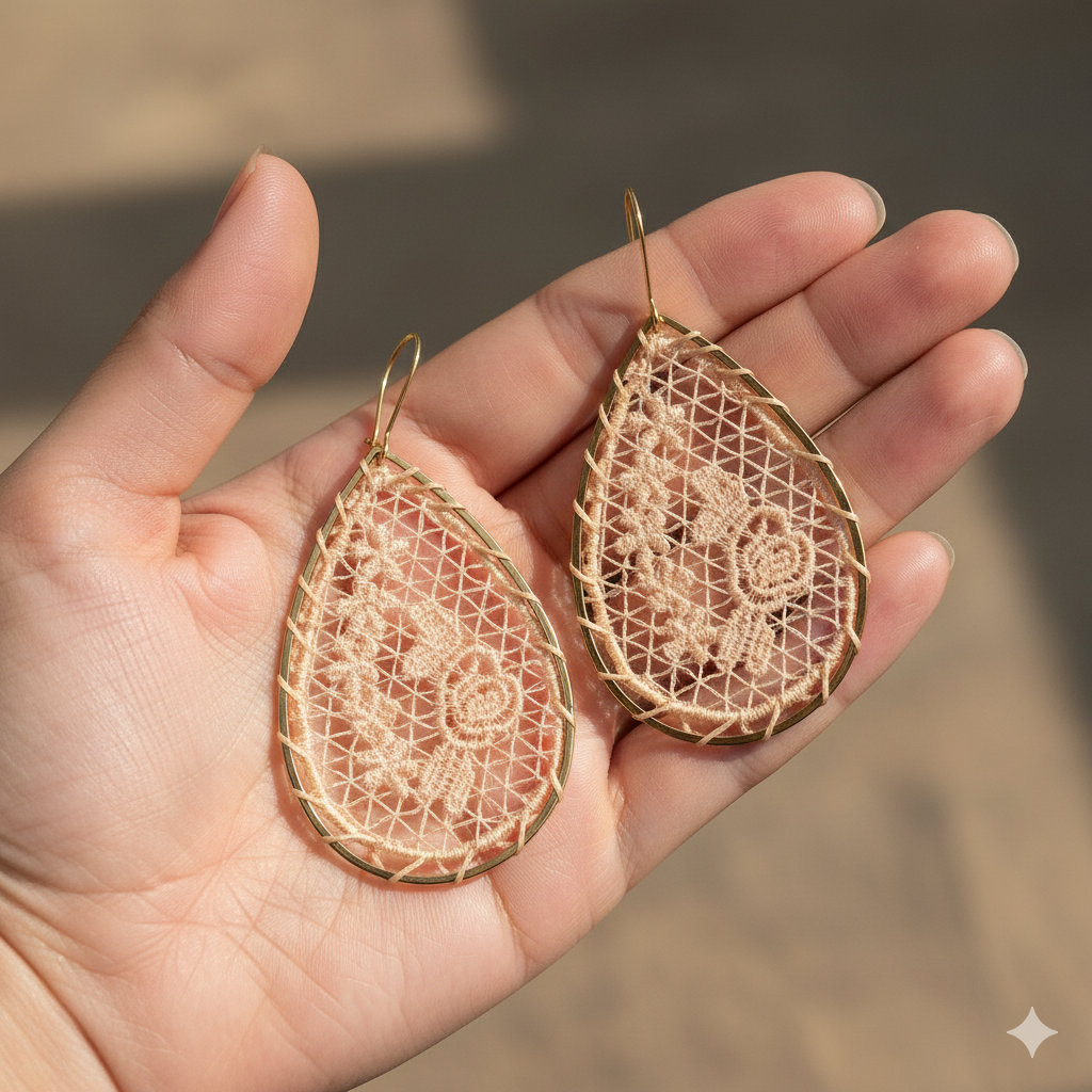 Pink Lace Woven Flower Gold Teardrop Earrings