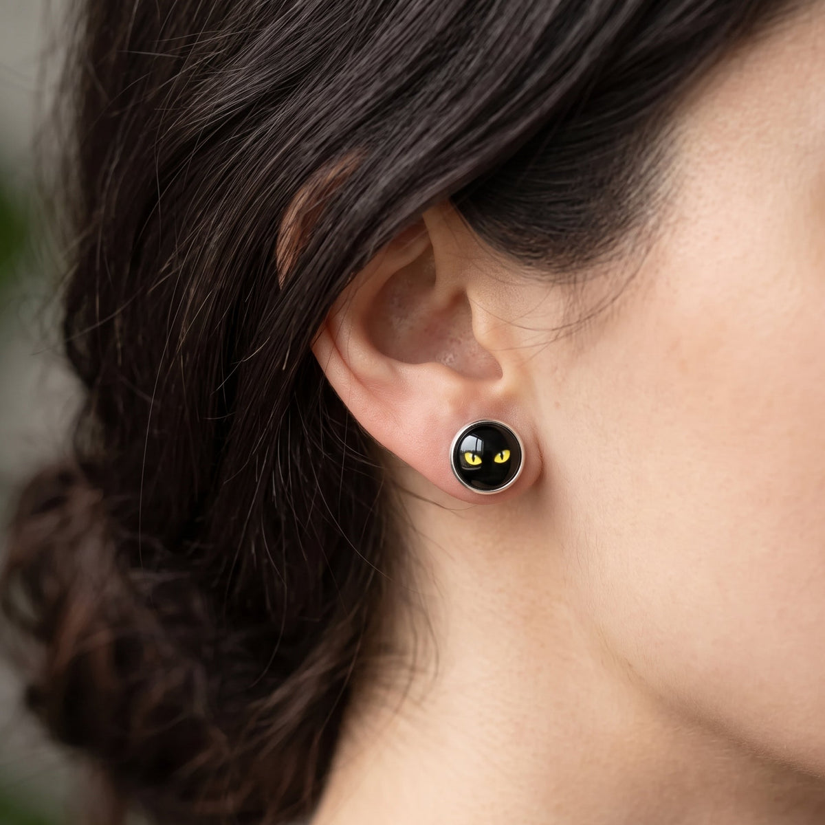 Black Cat Eye Stud Earrings | Halloween Glass Cabochon Studs | 12mm
