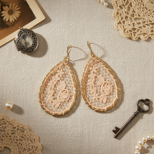Pink Lace Woven Flower Gold Teardrop Earrings