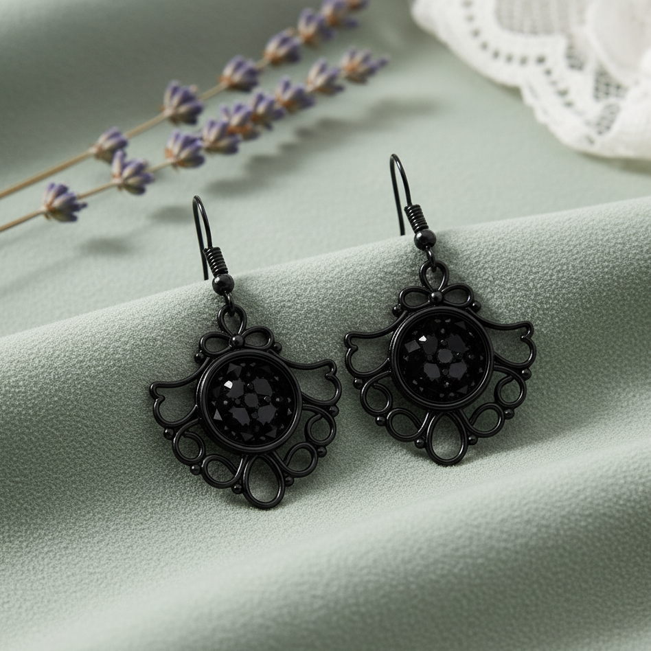 Black Filigree Dangle Earrings – Sparkly Centre, Lightweight Drop