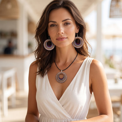 Boho Wooden Necklace & Earrings Set – Style 1, Handmade Matching Printed Wood Jewellery