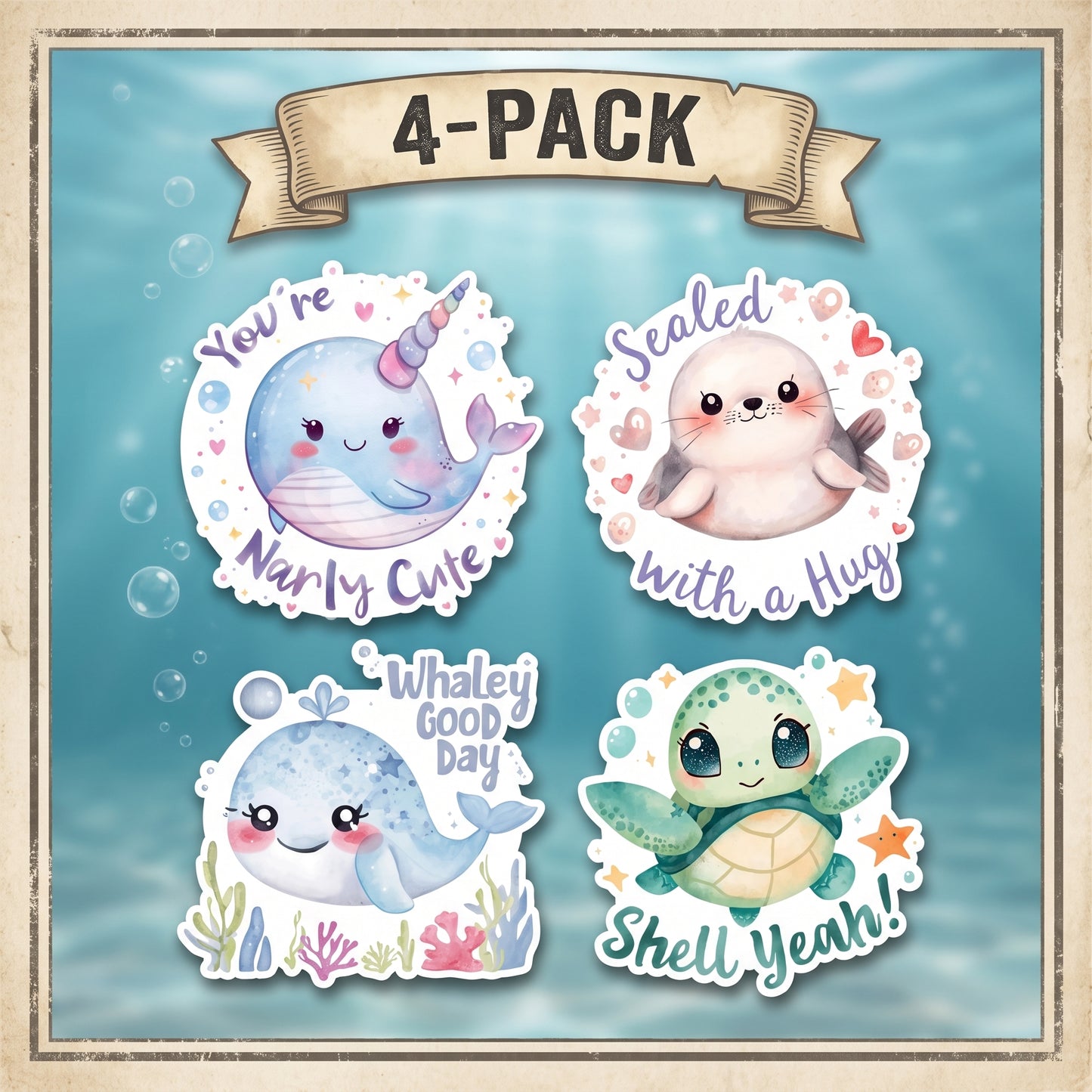 Ocean Life Sticker 4-Pack | Sea Creature Vinyl Decal Bundle