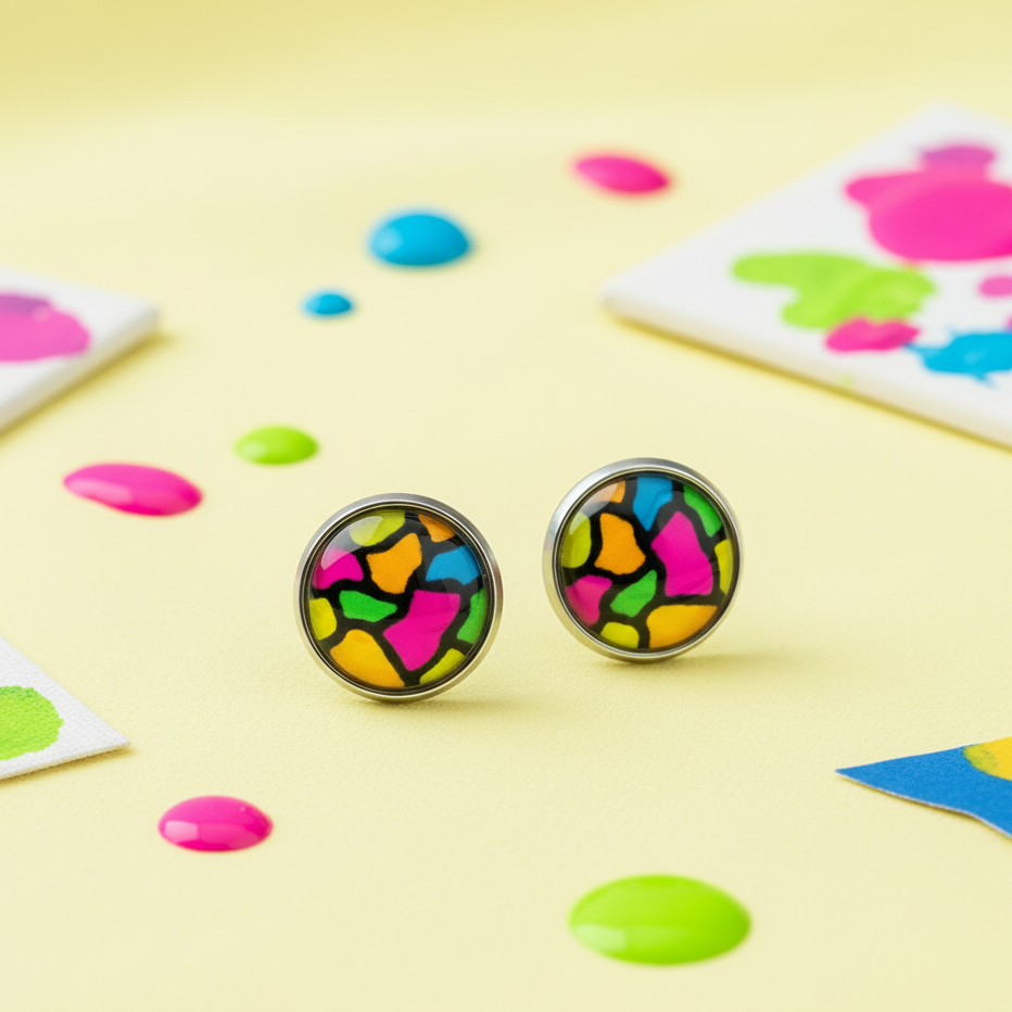 Colourful Stained Glass Style Stud Earrings – Vibrant Rainbow Pattern, Stainless Steel