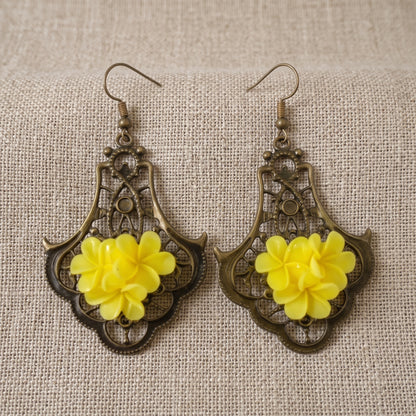 Antique Bronze Floral Drop Earrings | 3D Statement Dangle Earrings