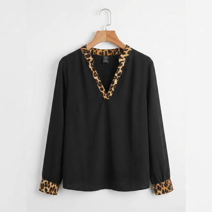 Shein Women's Blouse | Black Leopard Print | V-Neck | Long Sleeve | 2XL | NWOT