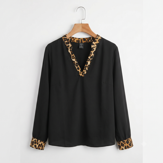 Shein Women's Blouse | Black Leopard Print | V-Neck | Long Sleeve | 2XL | NWOT