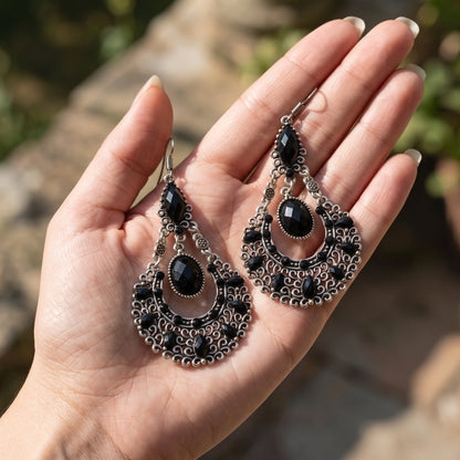 Boho Gothic Filigree Chandelier Drop Earrings Silver Black Statement New