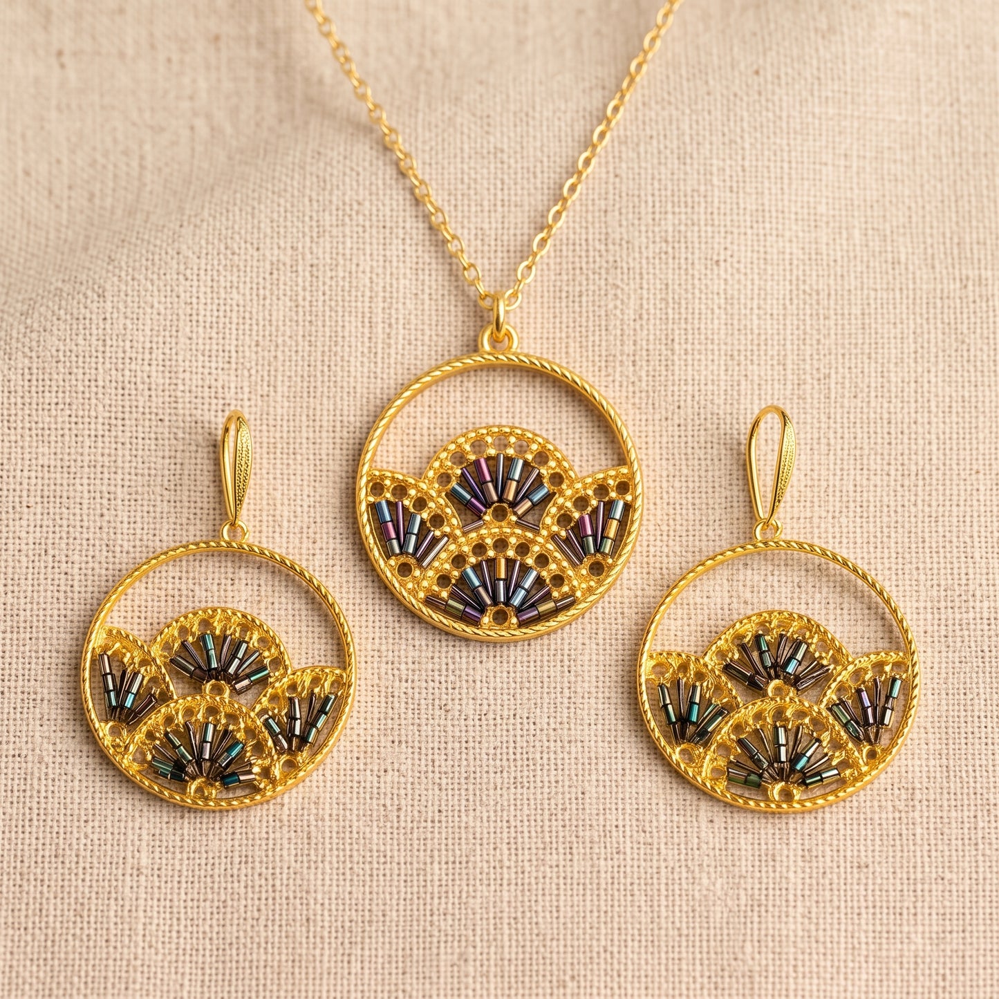 Woven Fan Drop Earrings & Necklace Set, Handmade Black Seed Bead Statement Set