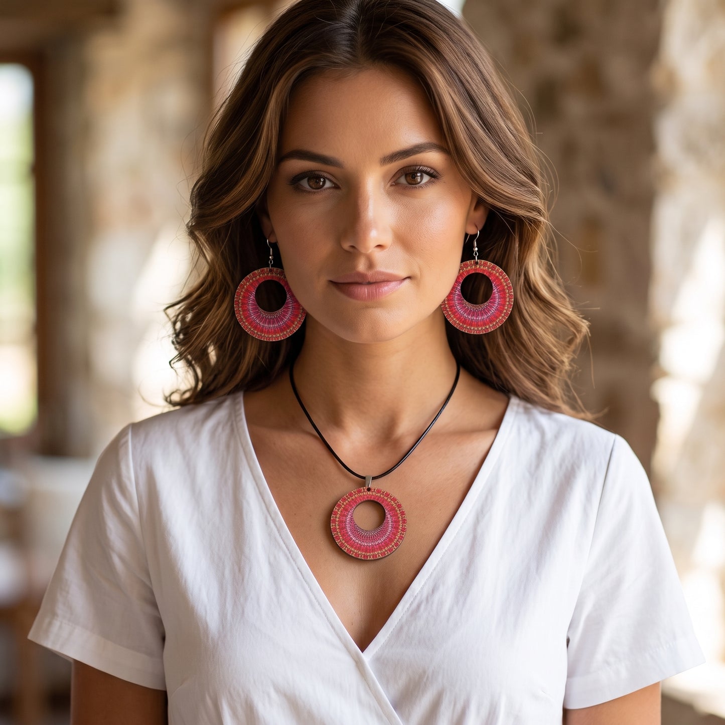 Boho Wooden Necklace & Earrings Set – Style 13, Handmade Matching Printed Wood Jewellery