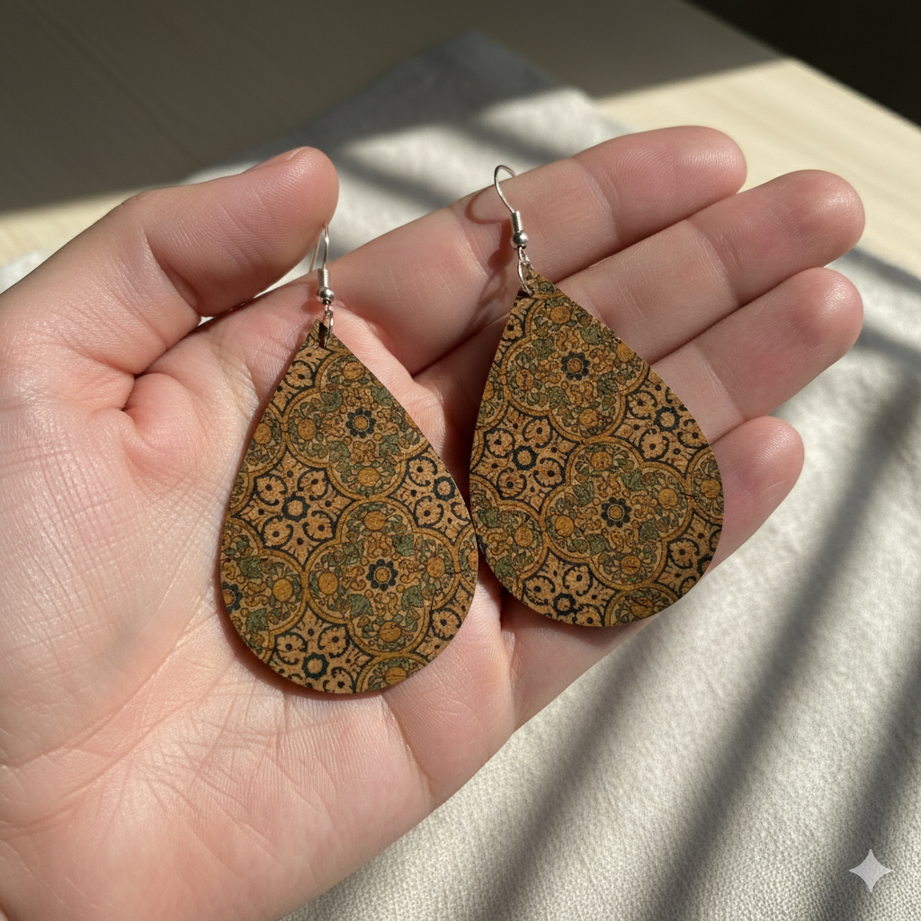 Boho Cork Teardrop Earrings – Vintage Tile Print with 925 Silver Hooks