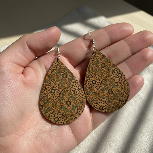 Boho Cork Teardrop Earrings, Handmade Vintage Tile Print Statement Drops