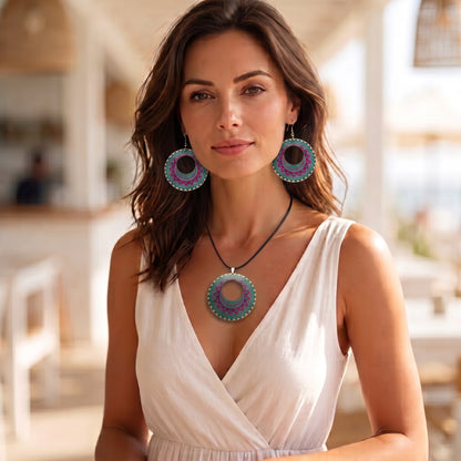 Boho Wooden Necklace & Earrings Set – Style 7, Handmade Matching Printed Wood Jewellery