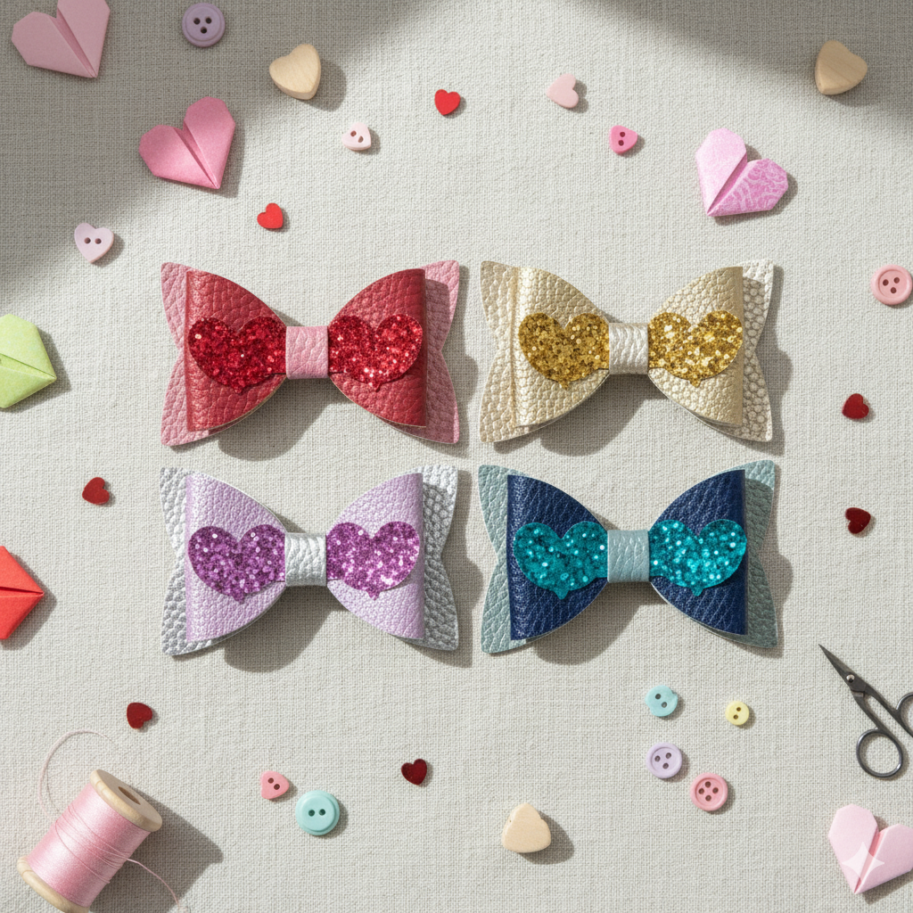 Love Heart Hair Bow PU Leather | 80mm Pebble & Glitter Design