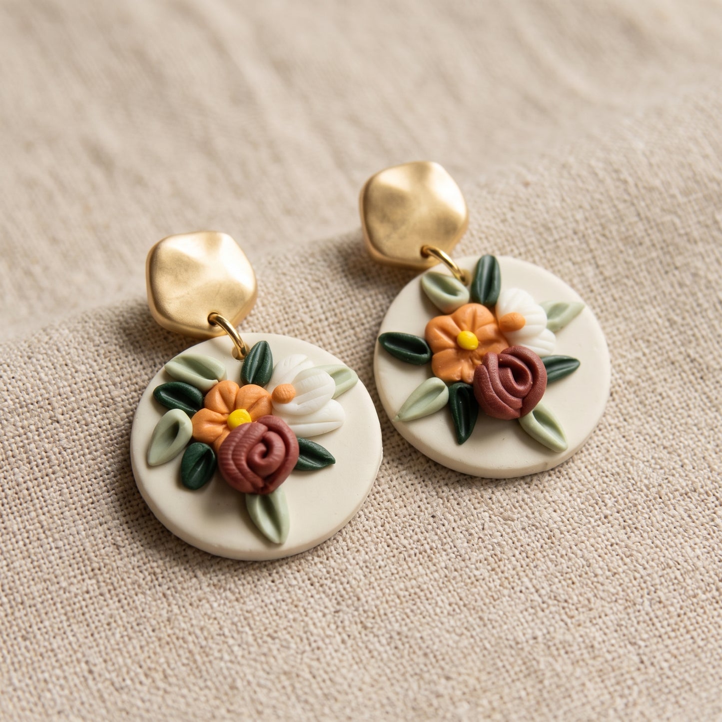 Handmade Polymer Clay Statement Bouquet Drop Earrings Multicolour Gold New
