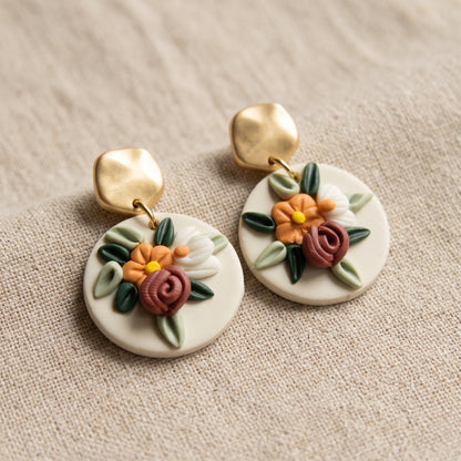 Handmade Polymer Clay Statement Bouquet Drop Earrings Multicolour Gold New