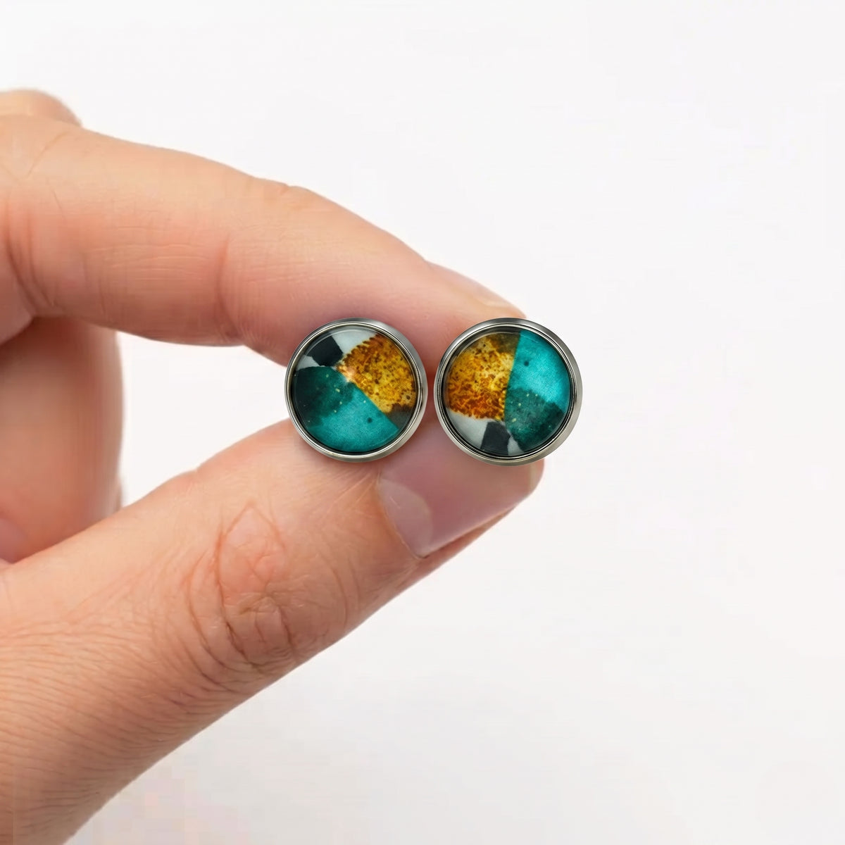 Geometric Print Stud Earrings | Colourful Glass Cabochon Studs | 12mm