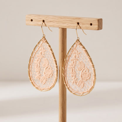 Pink Lace Flower Teardrop Earrings | Woven Gold Dangle Earrings