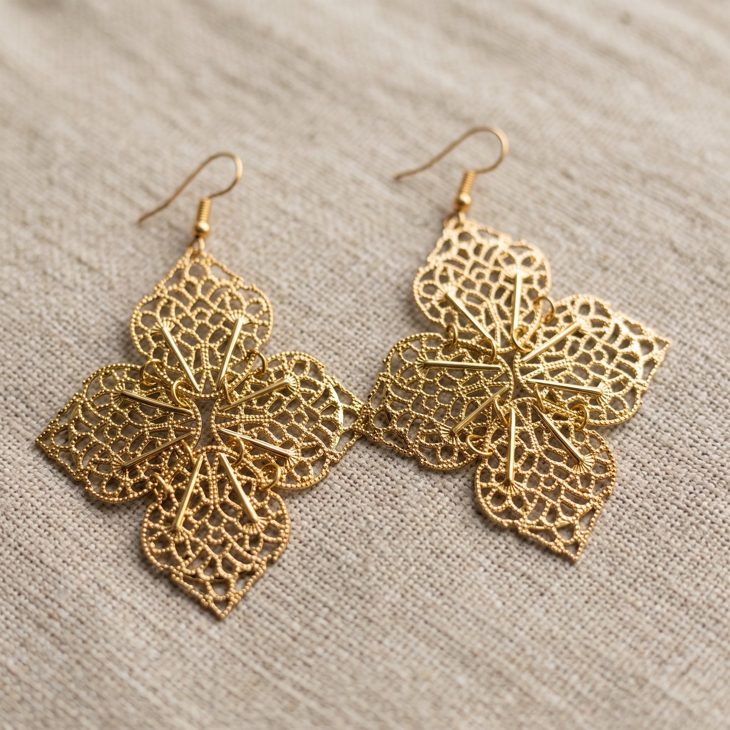 Gold Tone Floral Lace Filigree Drop Earrings Boho Statement Lightweight New