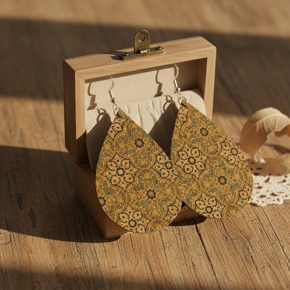 Boho Cork Teardrop Earrings – Vintage Tile Print with 925 Silver Hooks