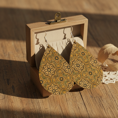 Boho Cork Teardrop Earrings – Vintage Tile Print with 925 Silver Hooks
