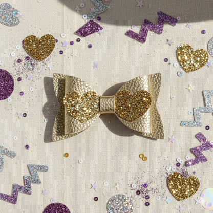Love Heart Hair Bow PU Leather | 80mm Pebble & Glitter Design