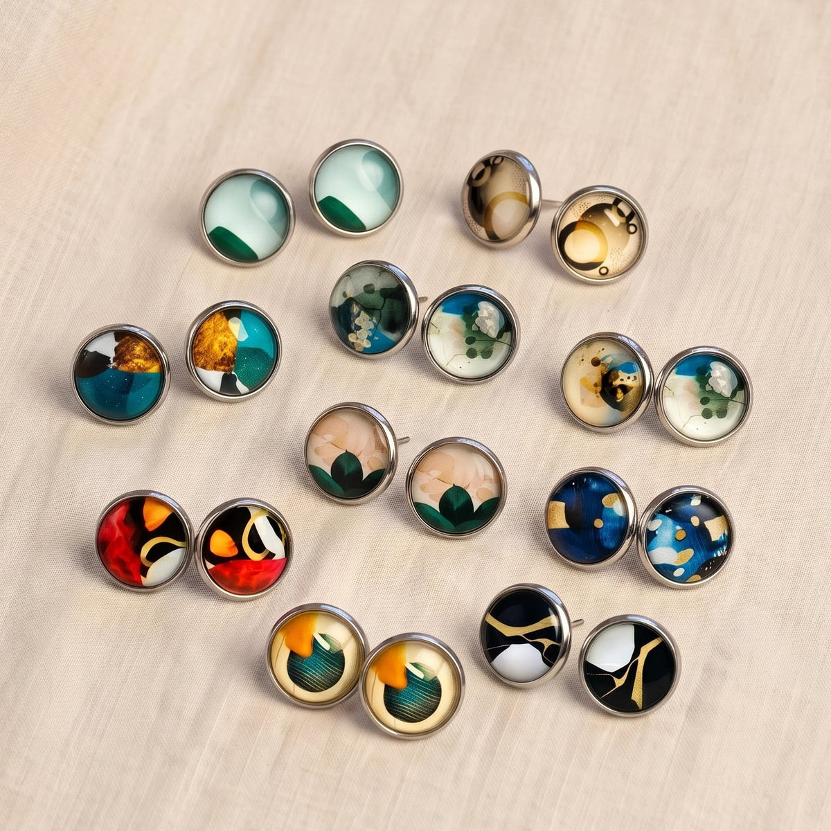 Geometric Print Stud Earrings | Colourful Glass Cabochon Studs | 12mm