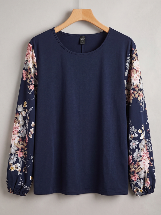 Emery Rose Women's 2XL Navy Bubble Sleeve Top Floral NWOT