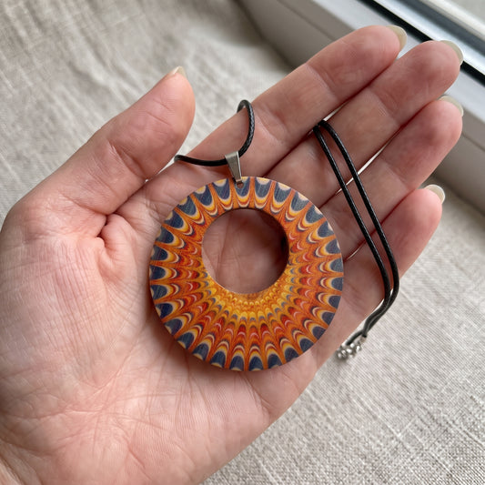 Boho Wooden Pendant Necklace, Handmade Printed Design with Butterfly Charm