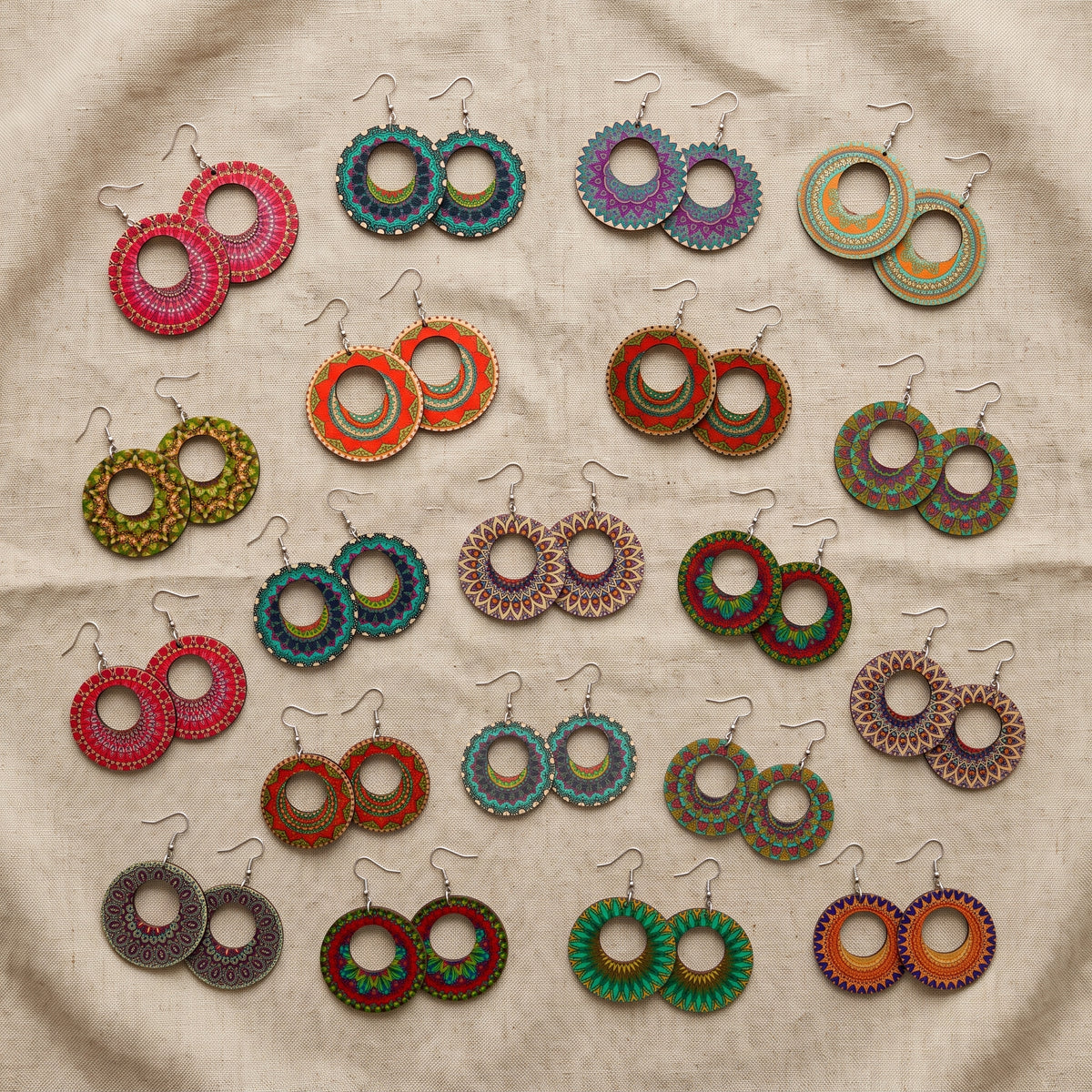 Boho Wooden Drop Earrings | Double-Sided Printed Round Dangles