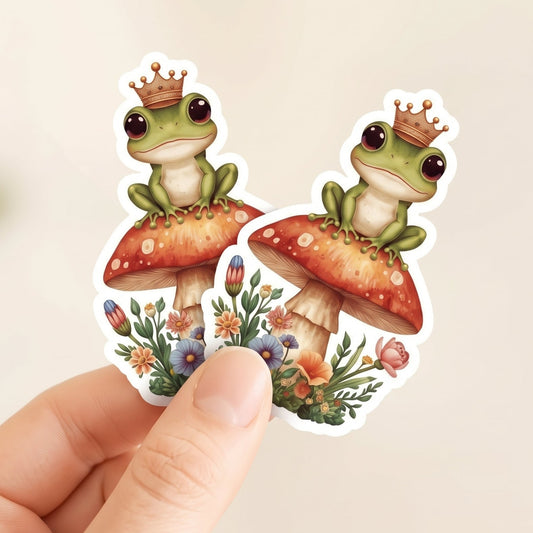 2 Pack | Frog Prince on Toadstool | Cottagecore | White Satin Vinyl | Kiss-Cut Sticker
