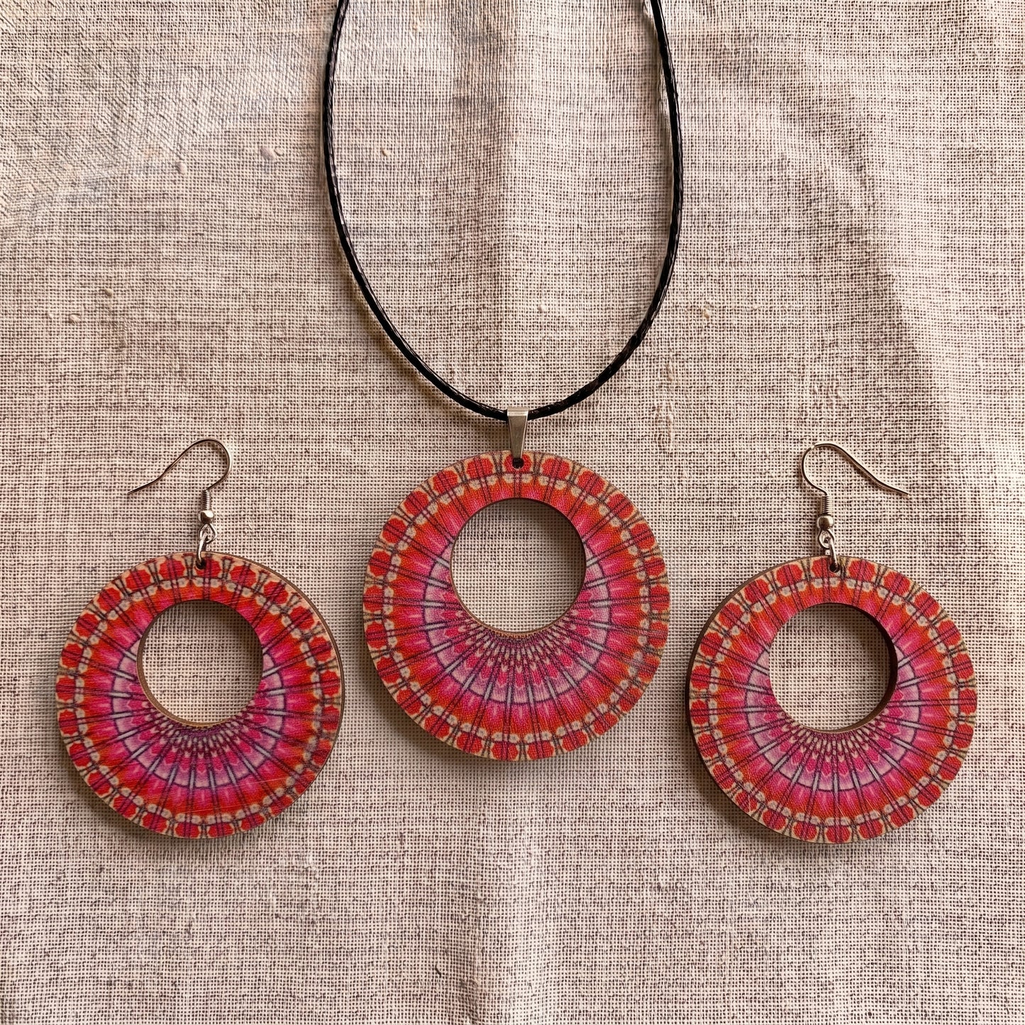 Boho Wooden Necklace & Earrings Set – Style 13, Handmade Matching Printed Wood Jewellery