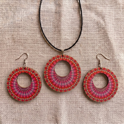 Boho Wooden Necklace & Earrings Set – Style 13, Handmade Matching Printed Wood Jewellery