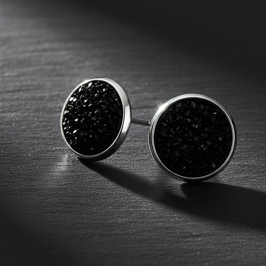 Black Cluster Resin Stud Earrings – 13mm Handmade on Rhodium Plated Base