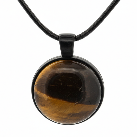 Tiger Eye Natural Stone Necklace – 20mm Brown Gem Pendant on Black Rope Chain