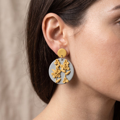 Grey & Yellow Floral Polymer Clay Dangle Earrings | 5cm | New