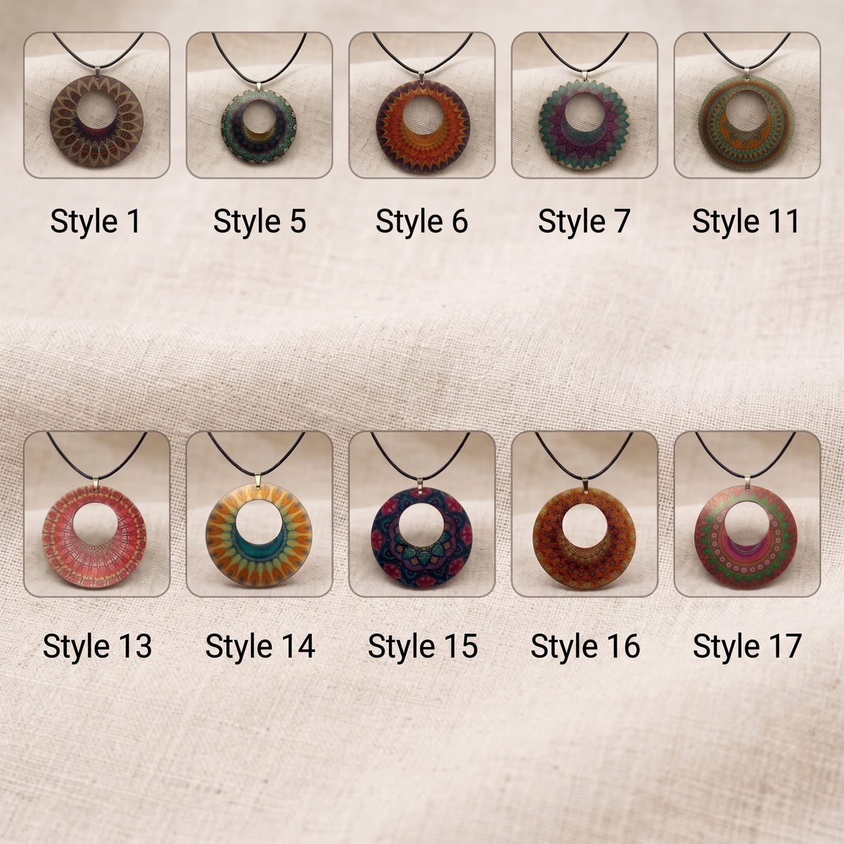 Boho Wooden Pendant Necklace | Printed Round Necklace | 10 Designs
