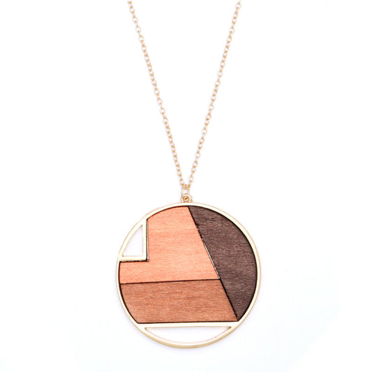 Geometric Round Wood and Gold Pendant Necklace