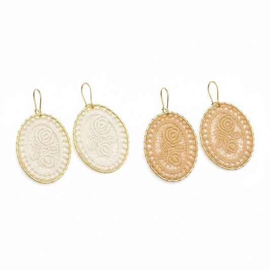 Vintage Oval Woven Lace Earrings with Floral Rose Design
